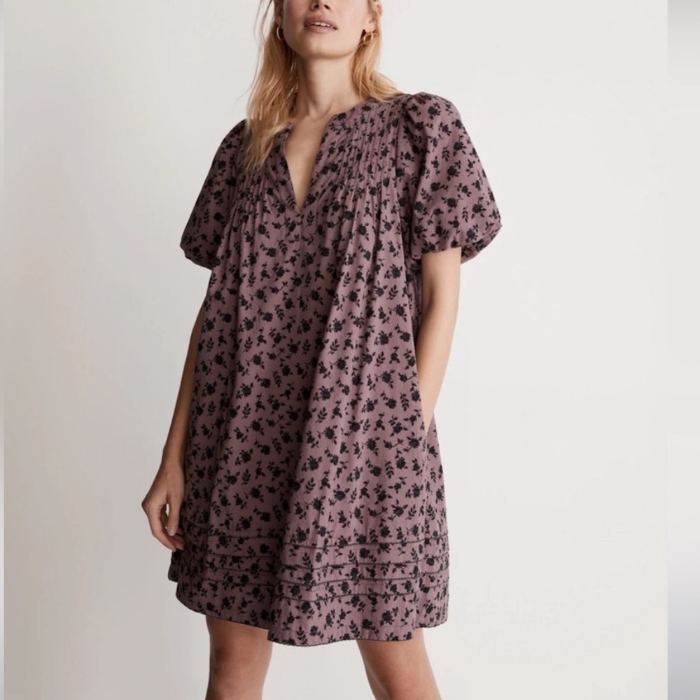 MADEWELL Floral Print Babydoll Pintuck Puff Sleeve Pull Over Dress w/Pockets L